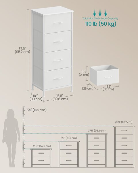 Dulap de depozitare cu sertare, dulap, cu patru sertare din material textil, alb 40x30x95 cm
