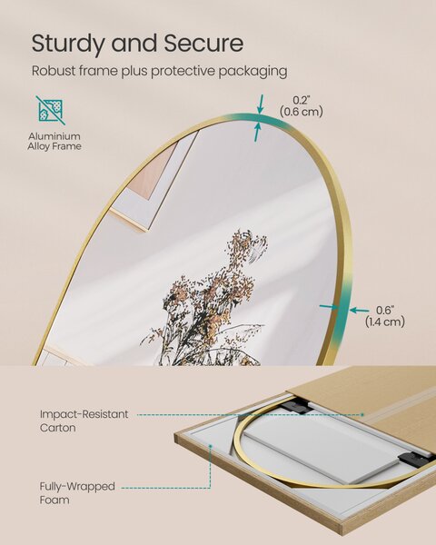 Oglindă înaltă, curbată, cu suport, ramă din aluminiu, auriu deschis
