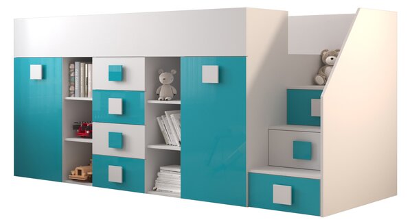 Pat multifuncțional 90 cm Toreno 3 (Alb + alb lucios + turcoaz lucios) (D). Promo -24%. 1083322