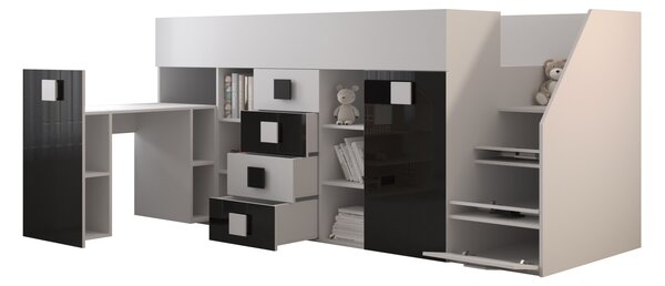 Pat multifuncțional 90 cm Toreno 3 (Alb + alb lucios + mânere negru lucios) (D). 1083336