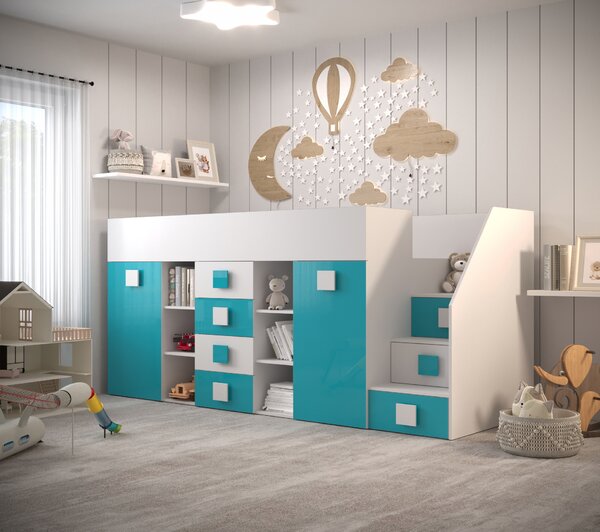 Pat multifuncțional 90 cm Toreno 3 (Alb + alb lucios + turcoaz lucios) (D). Promo -24%. 1083322