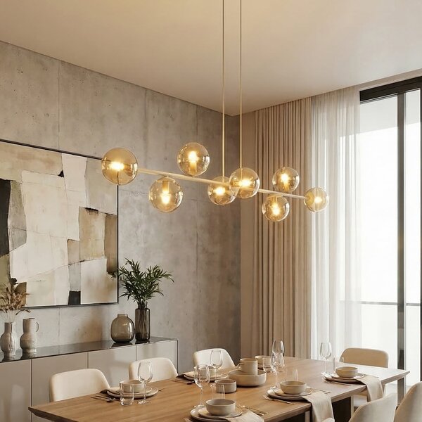EMIBIG LIGHTING Lampă suspendată Rossi, bej, lungime 130 cm, 8 becuri, sticlă/metal, reglabil, Bej, Camera de zi / sufragerie, Sticlă, Modern, glob