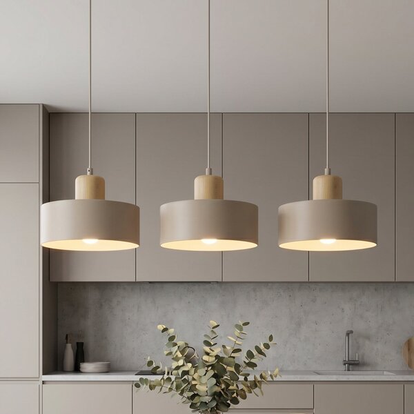 EMIBIG LIGHTING Lampă suspendată Torin, bej, lungime 80 cm, 3 becuri, metal/lemn, reglabil, Bej, Camera de zi / sufragerie, Metal, Scandinavă