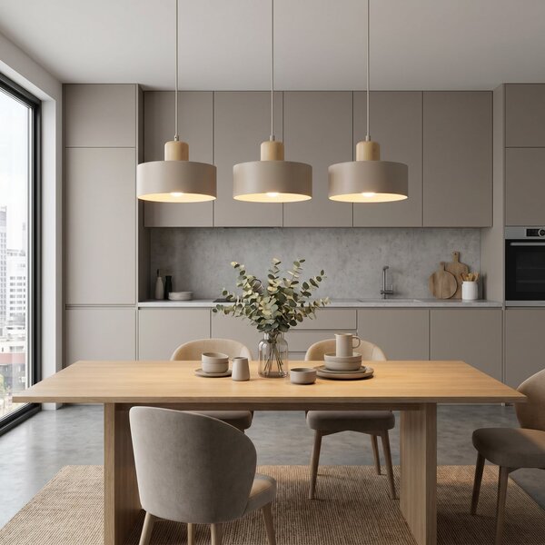 EMIBIG LIGHTING Lampă suspendată Torin, bej, lungime 80 cm, 3 becuri, metal/lemn, reglabil, Bej, Camera de zi / sufragerie, Metal, Scandinavă