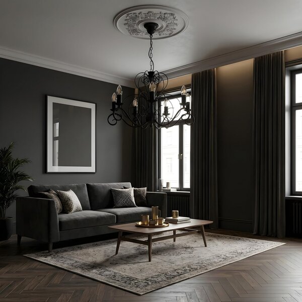 Luminex Candelabru Mauro, negru, 7 becuri, Ø 62 cm, metal, E14, reglabil, Negru, Camera de zi / sufragerie, Metal, Antichitate