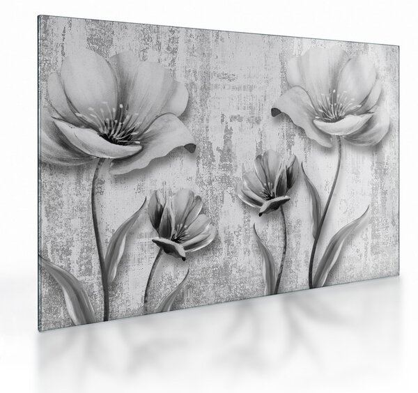 Tablou pe sticlă - Flori alb-negru pe fundal (70x50 cm)