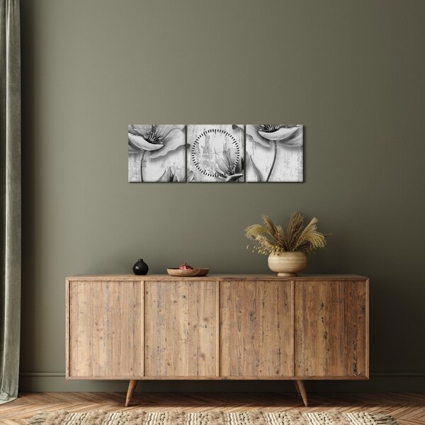 Tablou - Flori alb-negru pe fundal (cu ceas) (90x30 cm)