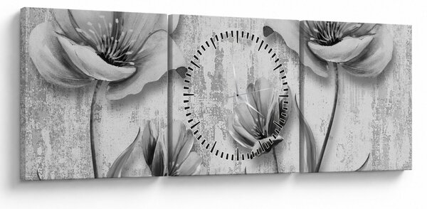 Tablou - Flori alb-negru pe fundal (cu ceas) (90x30 cm)