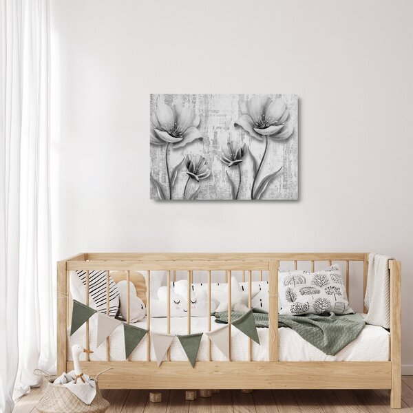 Tablou pe sticlă - Flori alb-negru pe fundal (70x50 cm)