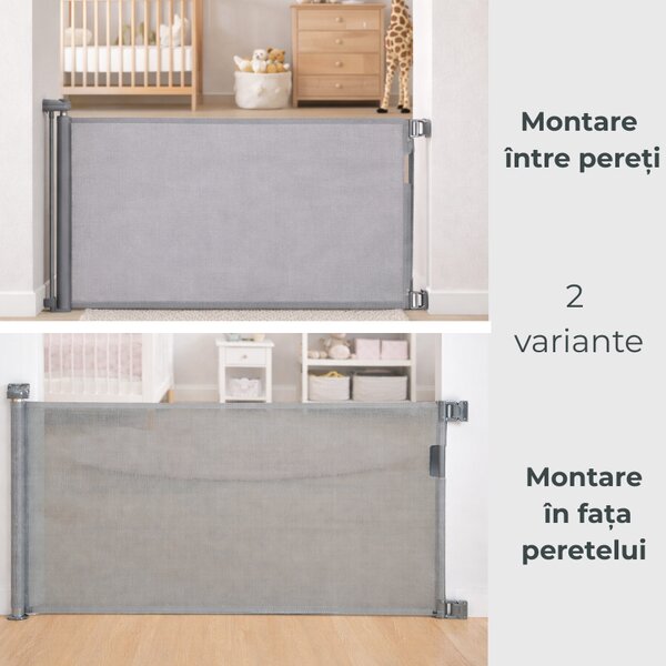 Poarta de siguranta retractabila si extensibila Kidizi Flexa 150 cm, dublu sistem de blocare si plasa anti-shock, potrivita pentru usi, scari si holuri, interior / exterior, gri