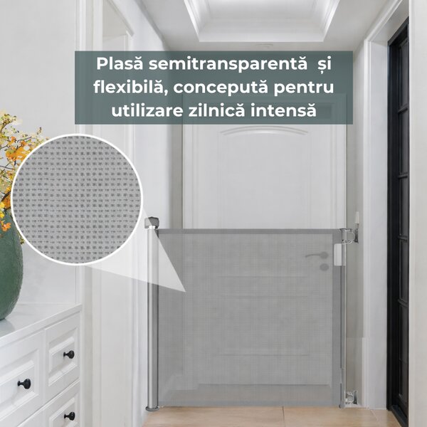 Poarta de siguranta retractabila si extensibila Kidizi Flexa 150 cm, dublu sistem de blocare si plasa anti-shock, potrivita pentru usi, scari si holuri, interior / exterior, gri
