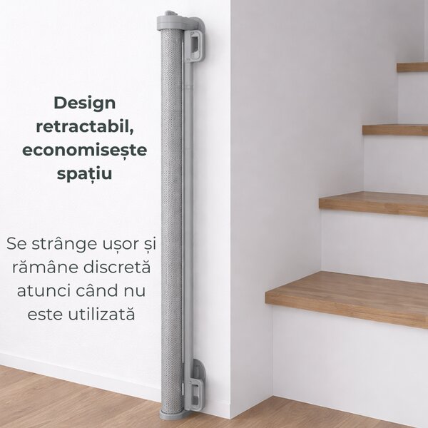 Poarta de siguranta retractabila si extensibila Kidizi Flexa 150 cm, dublu sistem de blocare si plasa anti-shock, potrivita pentru usi, scari si holuri, interior / exterior, gri