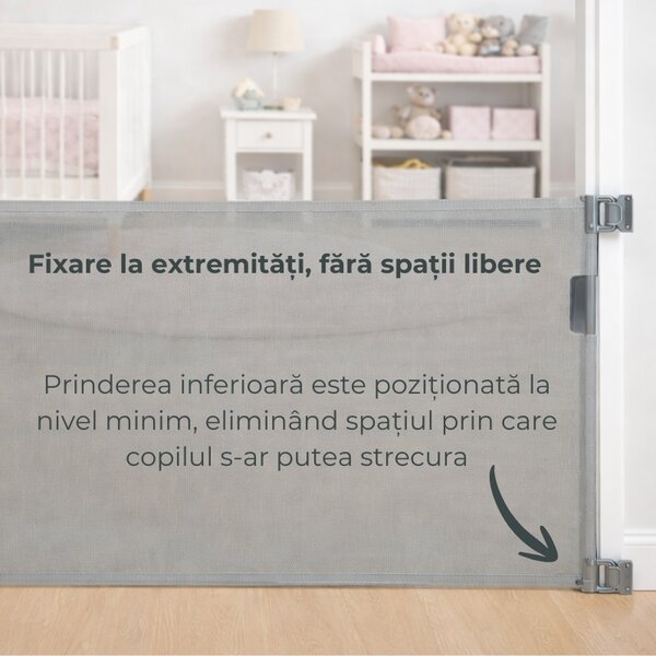 Poarta de siguranta retractabila si extensibila Kidizi Flexa 150 cm, dublu sistem de blocare si plasa anti-shock, potrivita pentru usi, scari si holuri, interior / exterior, gri