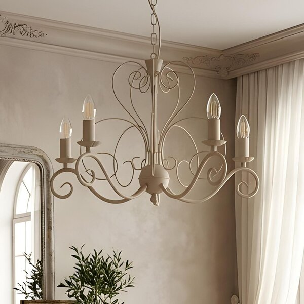 Luminex Candelabru Mauro, bej, 5 becuri, Ø 62 cm, metal, E14, reglabil, Bej, Camera de zi / sufragerie, Metal, Antichitate