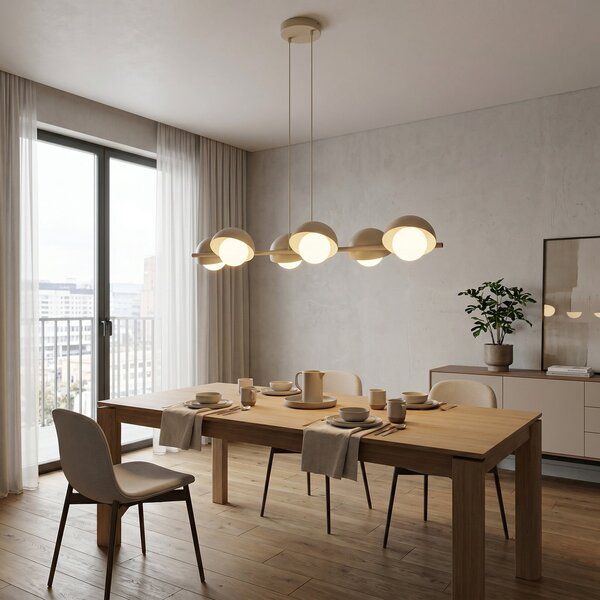 EMIBIG LIGHTING Lampă suspendată BOOM, bej, lungime 88 cm, 6 becuri, metal/sticlă, reglabil, Bej, Camera de zi / sufragerie, Metal, Modern