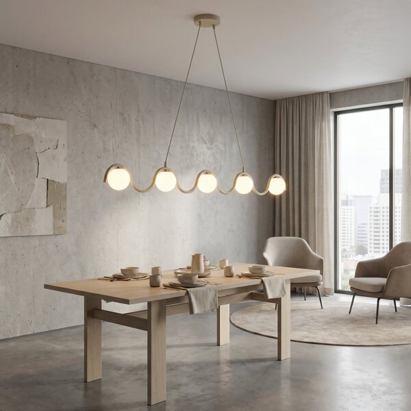 EMIBIG LIGHTING Lampă suspendată SINUS, bej, lungime 110 cm, 5 becuri, metal/sticlă, reglabil, Bej, Camera de zi / sufragerie, Sticlă, Modern, glob
