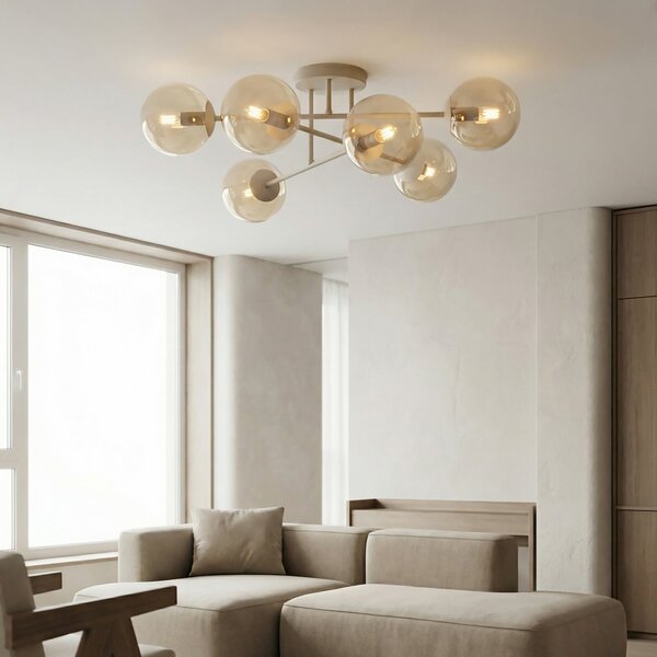 EMIBIG LIGHTING Plafonieră ROMA, bej, Ø 75 cm, 6 becuri, sticlă/metal, E14, reglabil, Bej, Camera de zi / sufragerie, Sticlă, Modern, glob