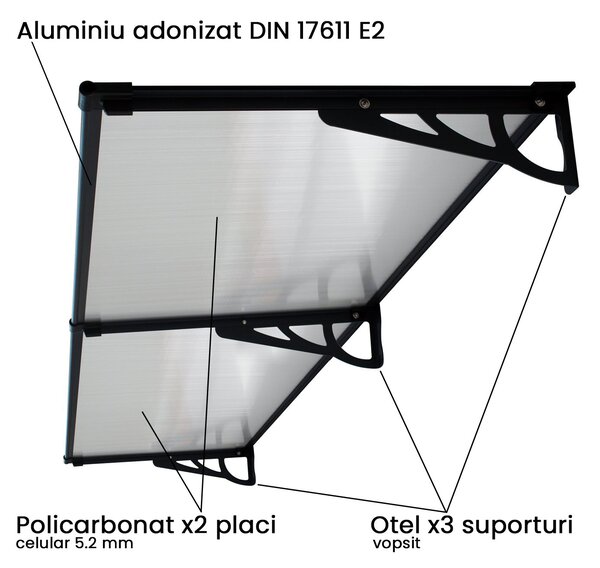 Copertina Usa / Geam MAX PRO 200x80 cm, Policarbonat 5.2 mm, Margini din Aluminiu, Suporturi din Otel Vopsit, Negru/Transparent
