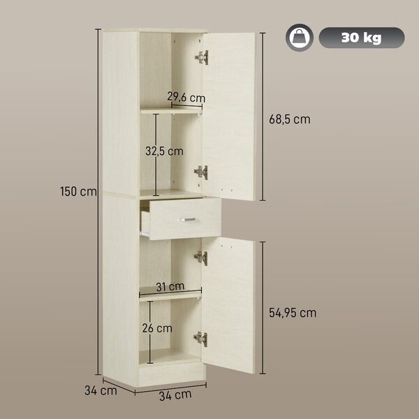 HOMCOM Dulap de Baie cu 2 Dulapuri, Sertar Central și Poliță Reglabilă pentru Depozitare și Organizare, 34x34x150 cm, Lemn Natural | Aosom Romania