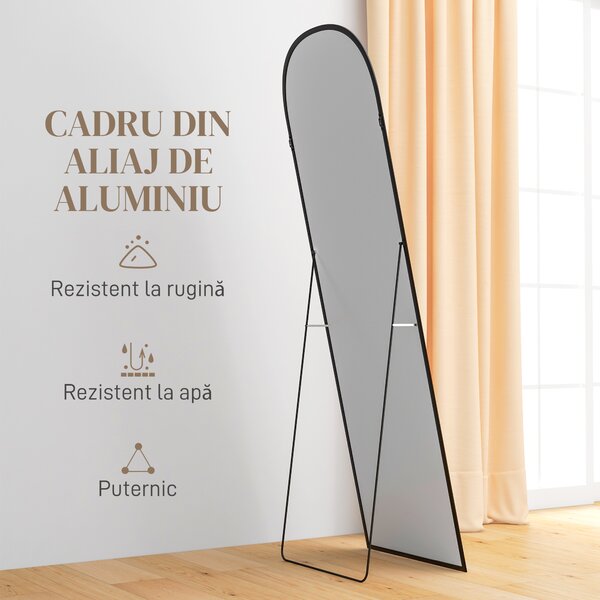 HOMCOM Oglindă de Podea și Perete, Oglindă Modernă cu Structură din Aliaj de Aluminiu și Suport Pliabil, 50x161.5 cm, Negru | Aosom Romania