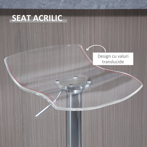 HOMCOM Scaune Bar 2 piese cu Înălțime Reglabilă, Șezut Rotativ și Suport pentru Picioare, 39x39x67-87 cm, Transparent | Aosom Romania