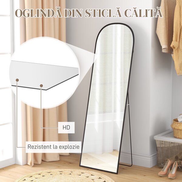 HOMCOM Oglindă de Podea și Perete, Oglindă Modernă cu Structură din Aliaj de Aluminiu și Suport Pliabil, 50x161.5 cm, Negru | Aosom Romania