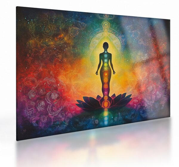 Tablou pe sticlă - Femeie și chakre (70x50 cm)
