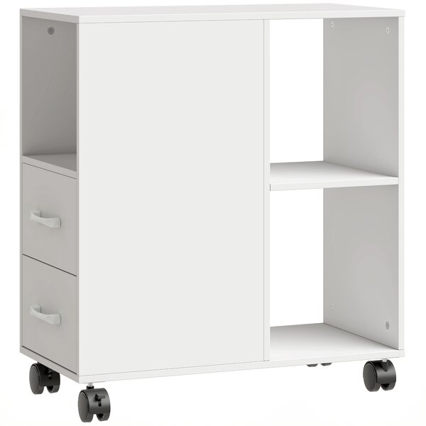 HOMCOM Măsuță de Living cu Roți, 2 Sertare, Raft Deschis și Poliță Reglabilă, Măsuță pentru Dormitor sau Living, 60x30x65 cm, Alb | Aosom Romania