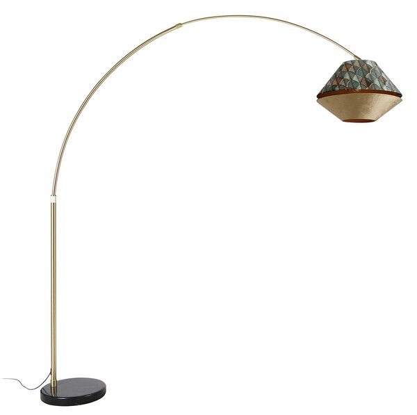 Lampă arcuită din alamă cu abajur dublu de catifea cu design de frunze și bej - XXL