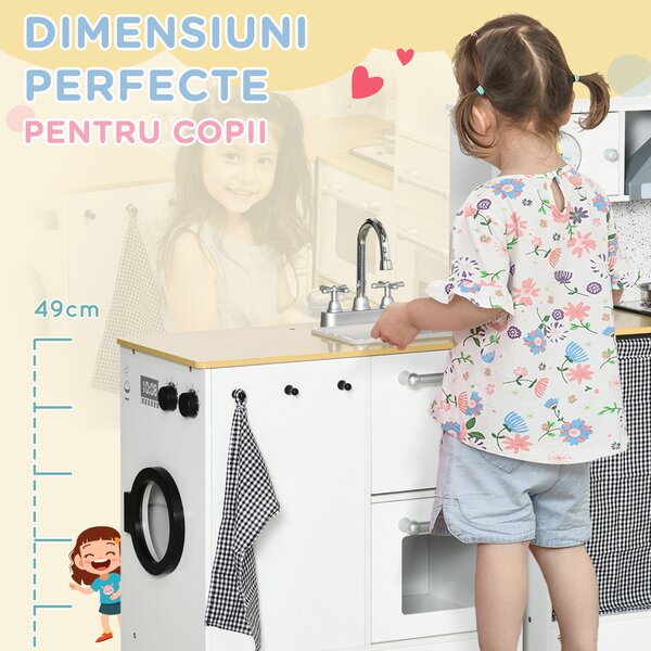 HOMCOM Bucatarie pentru copii din 2 bucati pentru copii 3-6 ani cu ustensile de bucatarie, culoare alb si lemn | Aosom Romania