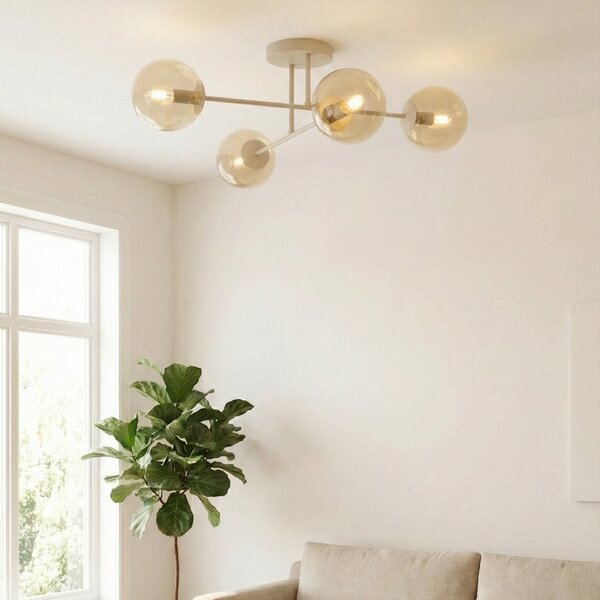 EMIBIG LIGHTING Plafonieră ROMA, bej, lungime 75 cm, 4 becuri, sticlă/metal, reglabil, Bej, Camera de zi / sufragerie, Sticlă, Modern, glob