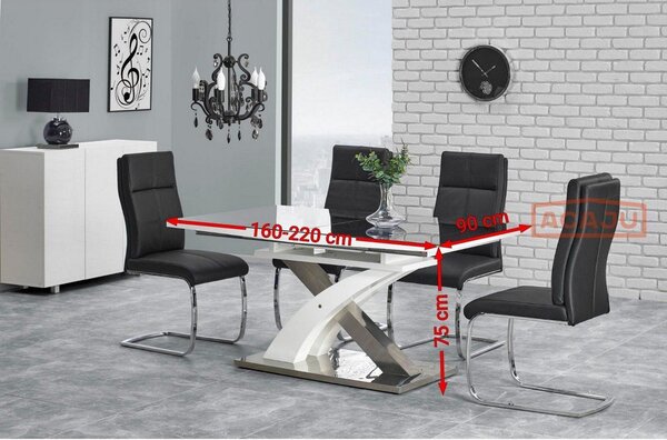Masa extensibila SANDOR, negru/alb/crom, sticla securizata/otel, 160/2