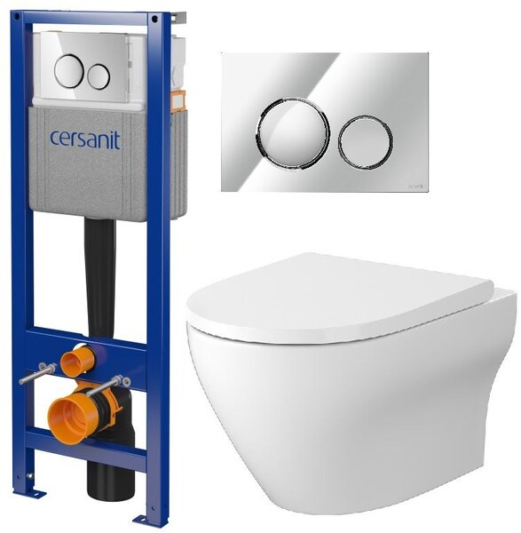 Set vas WC cu capac soft-close Cersanit Larga S701-885, cadru ascuns cu buton de acționare Cersanit S701-778