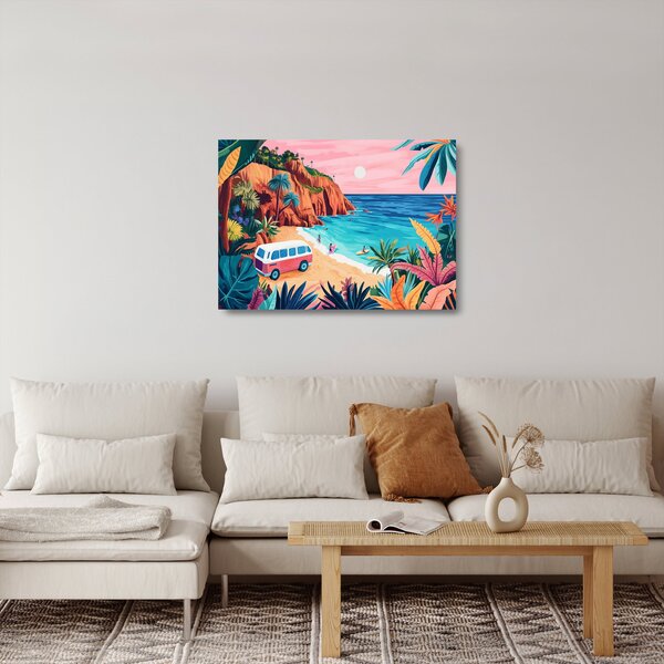 Tablou pe sticlă - Rulotă la ocean (70x50 cm)