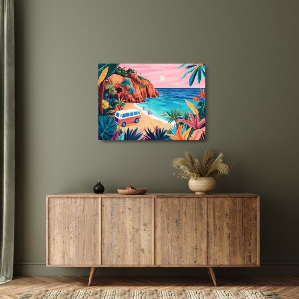 Tablou pe sticlă - Rulotă la ocean (70x50 cm)