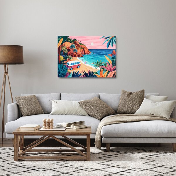 Tablou pe sticlă - Rulotă la ocean (70x50 cm)