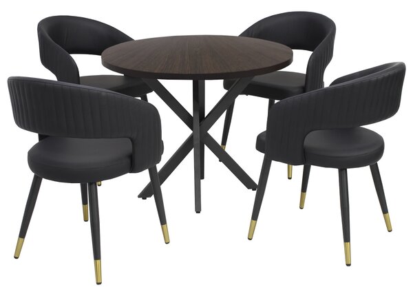 Masă fixă Rotundă Tania X Wenge cu 4 Scaune Piele Sintetică Monaco Negru