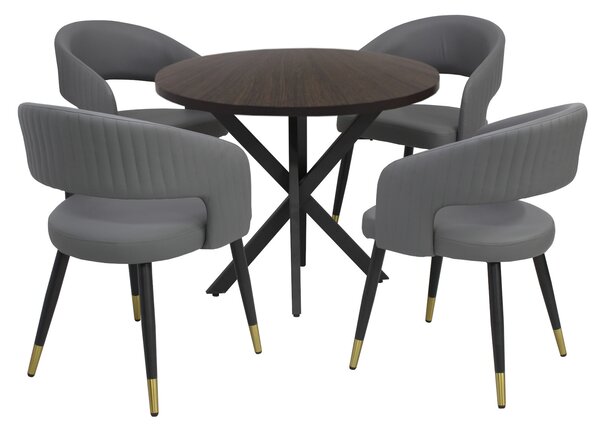 Masă fixă Rotundă Tania X Wenge cu 4 Scaune Piele Ecologică Monaco Gri