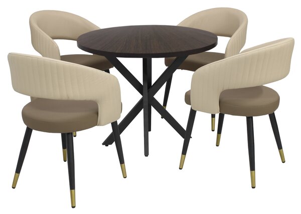 Masă fixă Rotundă Tania X Wenge cu 4 Scaune Piele Sintetică Monaco Maro Crem