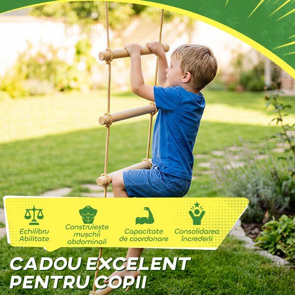 AIYAPLAY Scară de Frânghie 1,8m, Accesorii pentru Leagăne, Frânghie pentru Parc de Joacă Exterior, Cățărare cu 5 Trepte pentru Copii cu 2 Carabiniere și 2 Curele pentru Copaci | Aosom Romania