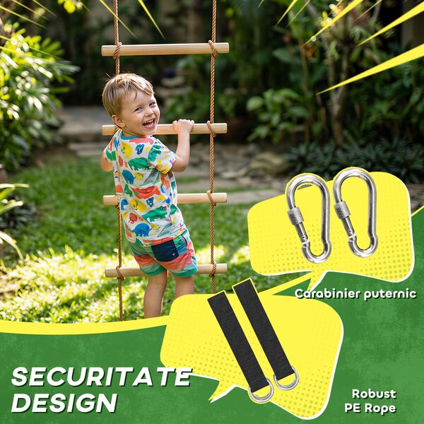 AIYAPLAY Scară de Frânghie 1,8m, Accesorii pentru Leagăne, Frânghie pentru Parc de Joacă Exterior, Cățărare cu 5 Trepte pentru Copii cu 2 Carabiniere și 2 Curele pentru Copaci | Aosom Romania