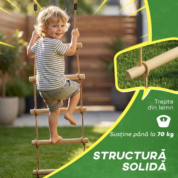 AIYAPLAY Scară de Frânghie 1,8m, Accesorii pentru Leagăne, Frânghie pentru Parc de Joacă Exterior, Cățărare cu 5 Trepte pentru Copii cu 2 Carabiniere și 2 Curele pentru Copaci | Aosom Romania