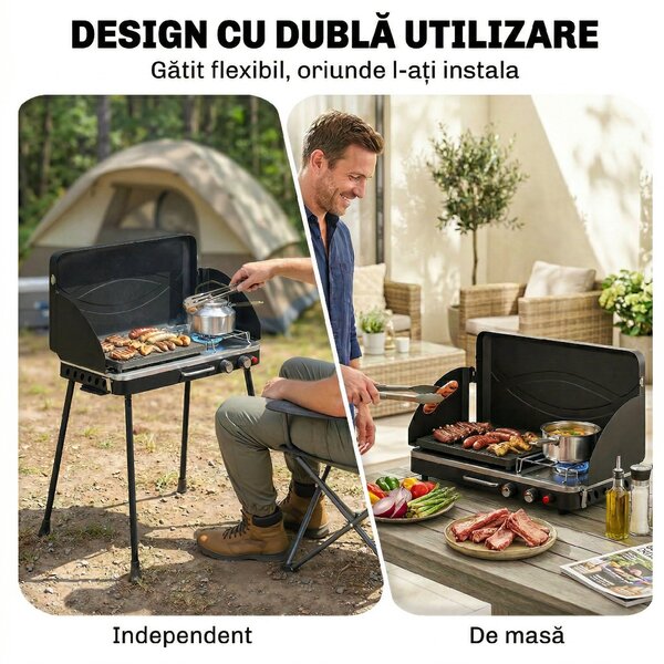 Outsunny Grătar barbecue compact cu arzător pentru camping | Aosom Romania