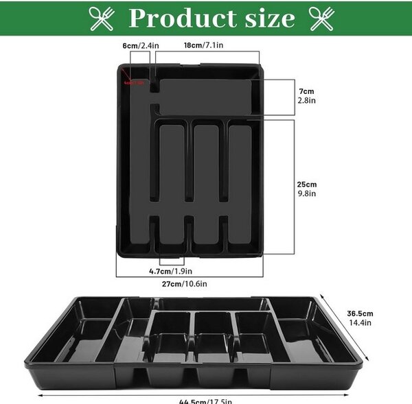 Organizator tacamuri pentru sertar de bucătărie, reglabil, 44.5 x 36,6 x 4,6 centimetri, negru