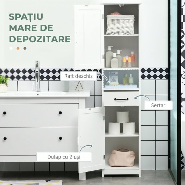 Kleankin Dulap Modern pentru Baie, Mobilier Îngust cu Raft Deschis, Sertar, Uși Încastrate și Rafturi Ajustabile Alb | Aosom Romania