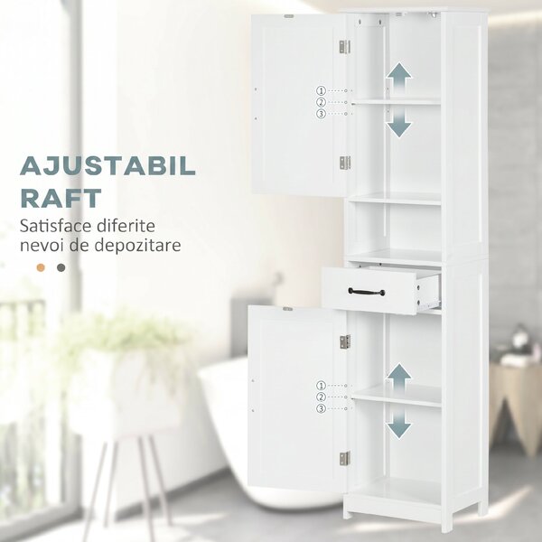 Kleankin Dulap Modern pentru Baie, Mobilier Îngust cu Raft Deschis, Sertar, Uși Încastrate și Rafturi Ajustabile Alb | Aosom Romania