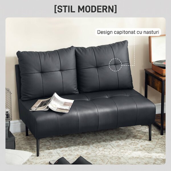 HOMCOM Divan cu Două Locuri Compact din Piele Sintetică, Divan Modern Capitonat cu Nasturi cu Îmbunătățire Spumoasă și Picioare din Lemn, Canapea Fără Brațe pentru Sufragerie și Birou, 115x73x83 cm, Negru | Aosom Romania