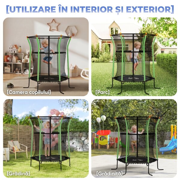 HOMCOM Trambulină Elastică pentru Copii 3-10 Ani cu Intrare cu Fermoar și Bare Căptușite, Ø163.5x190 cm, Verde | Aosom Romania