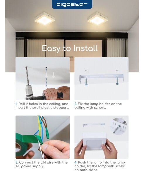Aigostar - Plafonieră LED aplicată pe tavan, 18W, 230V, 3000K, 22,6x22,6 cm, albă