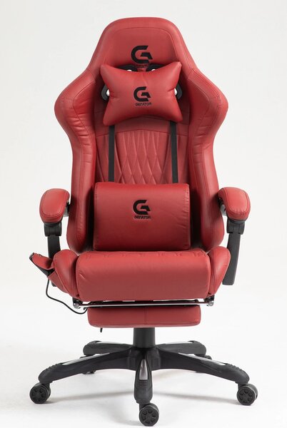 Scaun gaming, Masaj in 7 puncte, Boxe Bluetooth, funcție șezlong, 90-155 grade, suport picioare, PU, Rosu